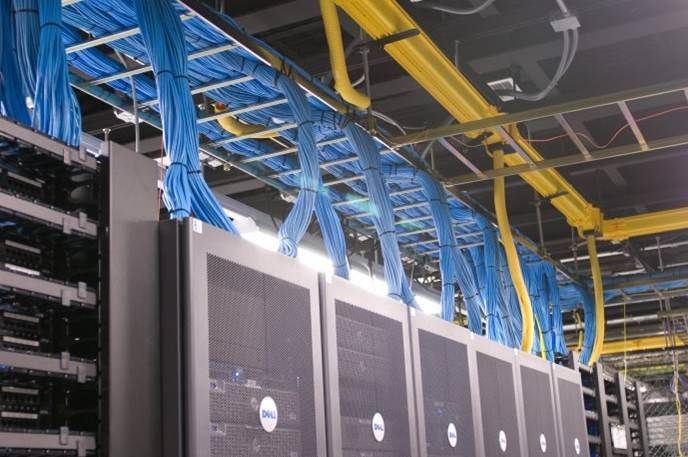 Overhead tray pathway carrying fiber and copper