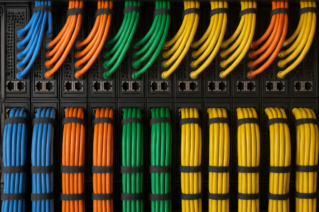 Color-coded patch panel — blue / orange / green / yellow bundles